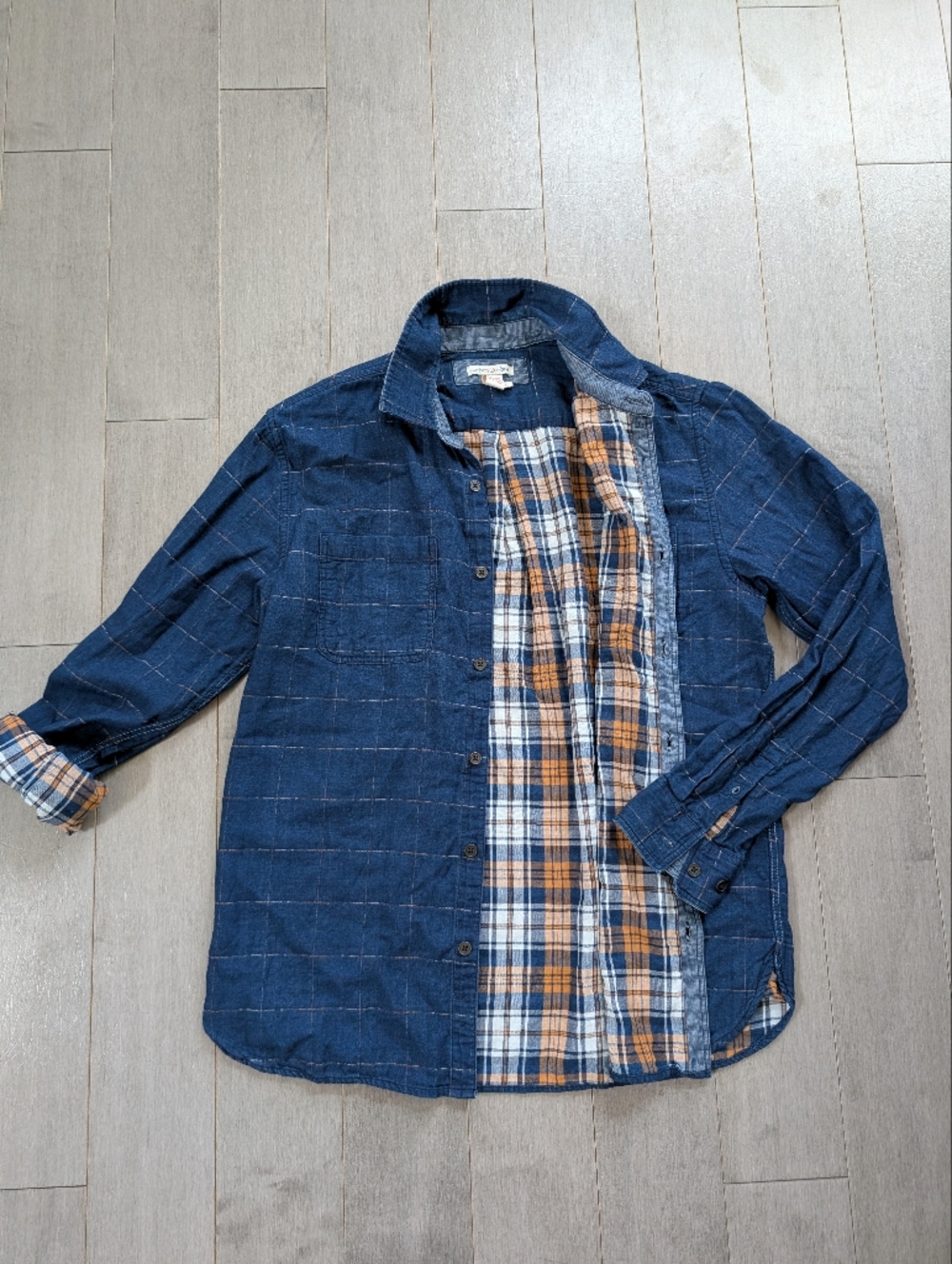 Carbon2cobalt Men's Button Up Shirt Blue Orange Flannel Double Line Size Small